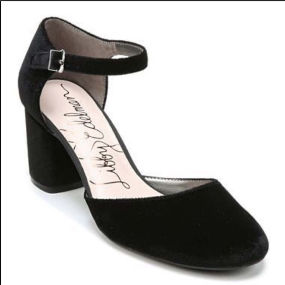 libby. edelman Black Velvet Ankle Strap Block Heel Pumps